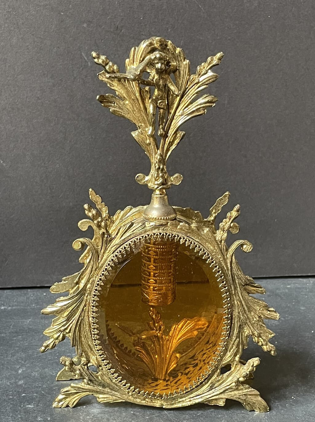 RARE! Vintage GOLD *CHERUB Perfume Bottle *AMBER GLASS VANITY Hollywood Antique