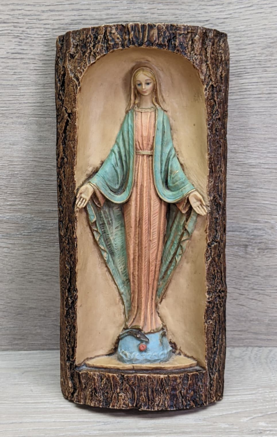 Vintage Mary Immaculate Plaque Virgin Mary Art Faux Tree Wall Hanging Italy