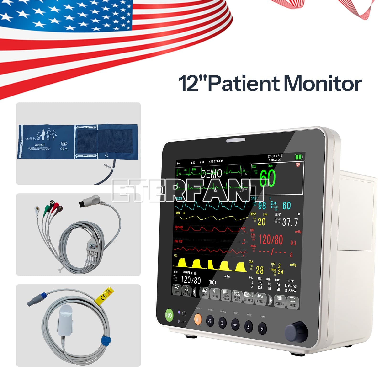 12" Patient Monitor ICU CCU Vital Sign For Hospital ECG NIBP RESP TEMP SPO2 PR