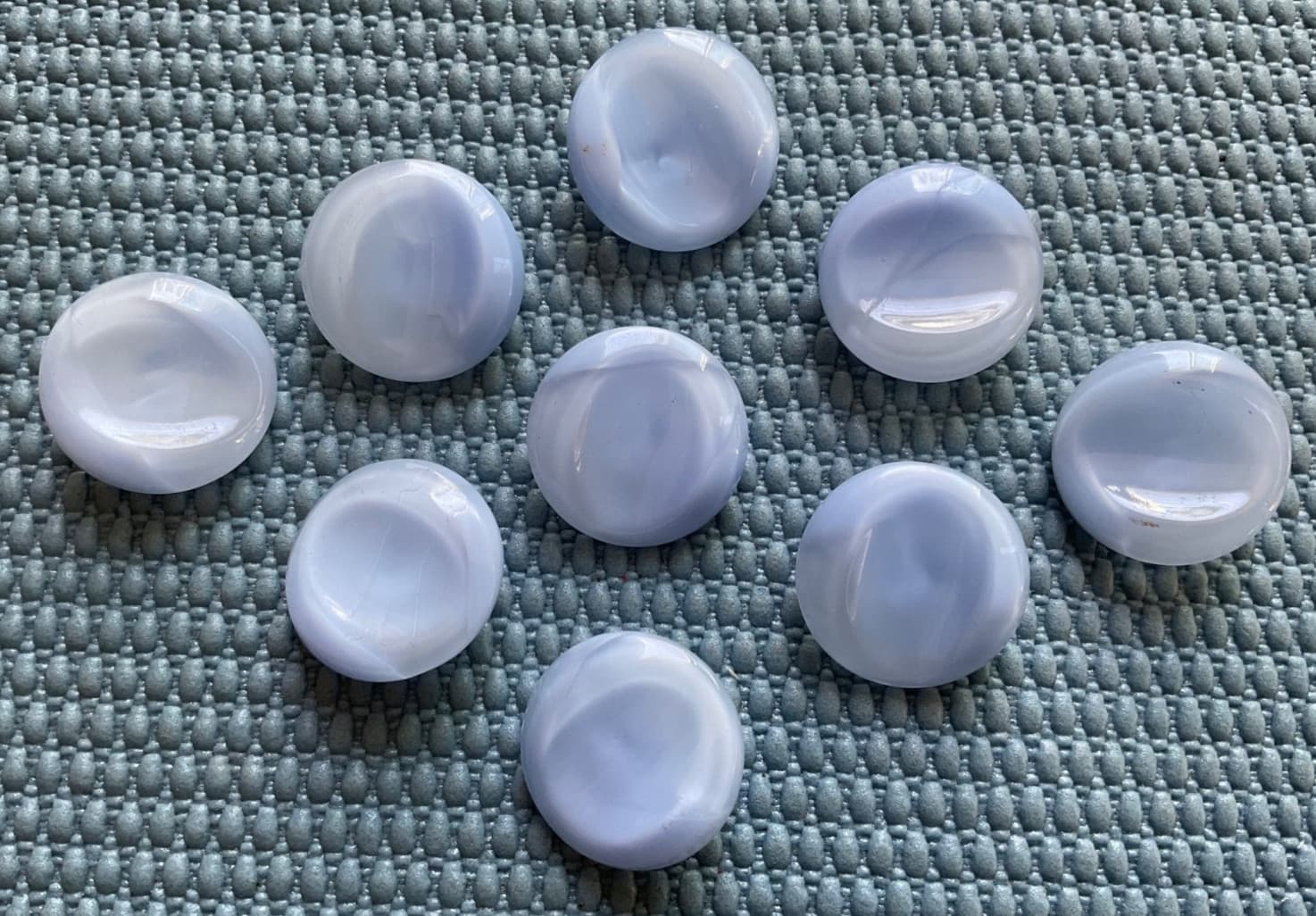 9 Matching Antique Vtg Light Blue Moonglow Glass Buttons - 7/8” - Old Lot