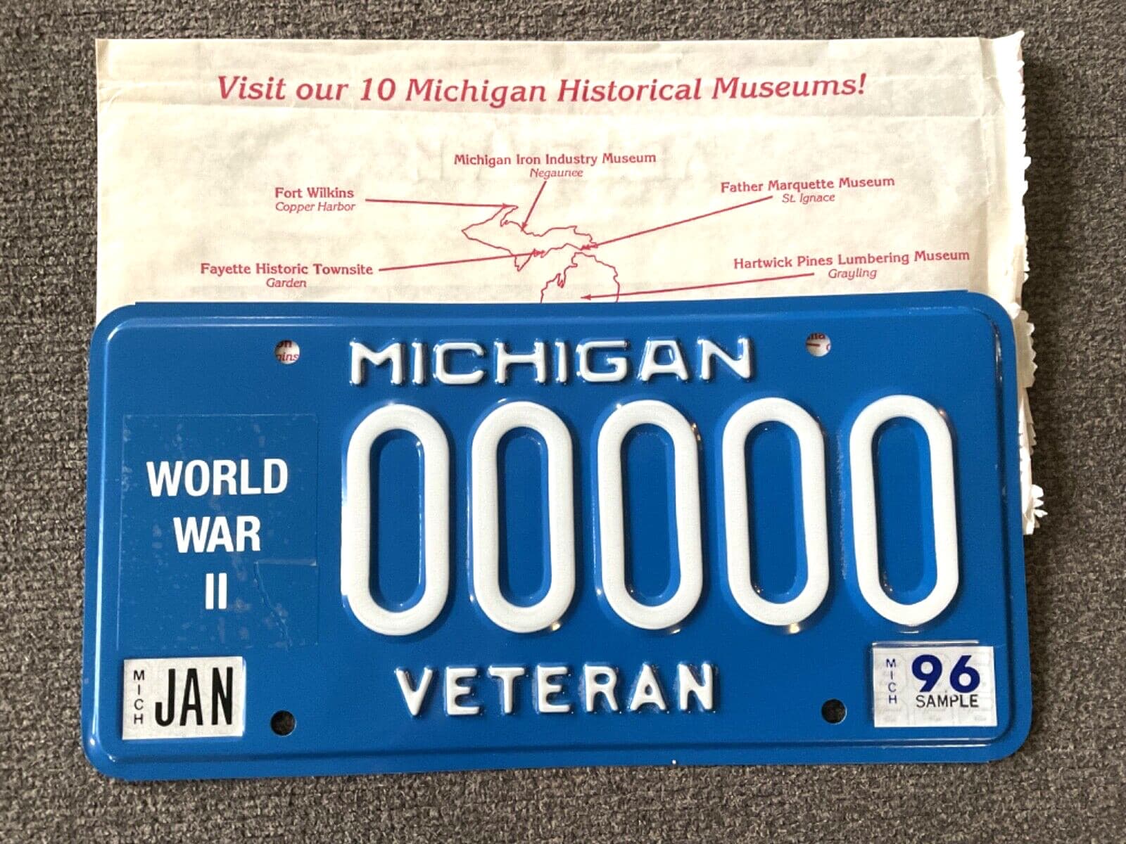Rare NOS 1996 WWII WORLD WAR 2 II Michigan License Plate SAMPLE stickers