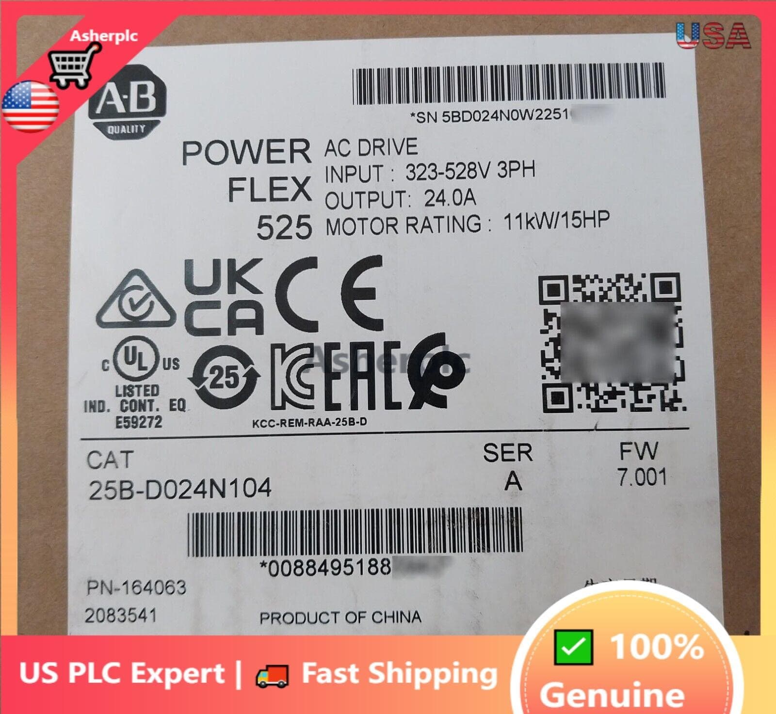 1 PCS New Allen-Bradley AB 25B-D024N104 Ser One Powerflex 525 AC Drive 15HP USA