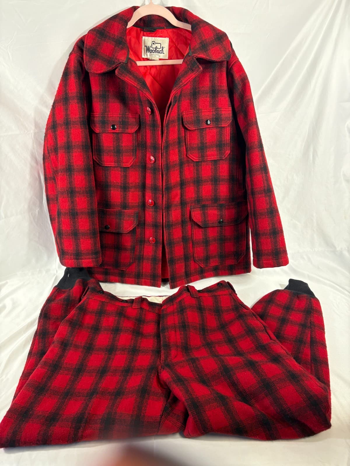 Vintage Woolrich Buffalo Red Plaid Insulated Hunting Wool Jacket 44 Pants 38 523