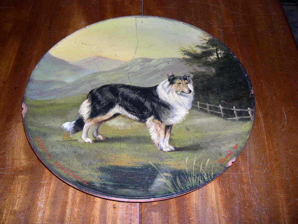 ANTIQUE OIL PAINTING CH. COLLIE PLATE DATED 1890 SIGNED FAMOUS DOG "ORMSKIRK"