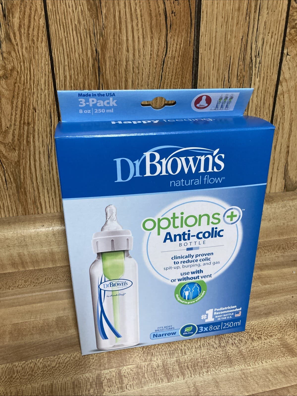 Dr. Brown Natural Flow Options + Narrow Anti-Colic Baby Bottles 8oz 3 Pack Lvl 1