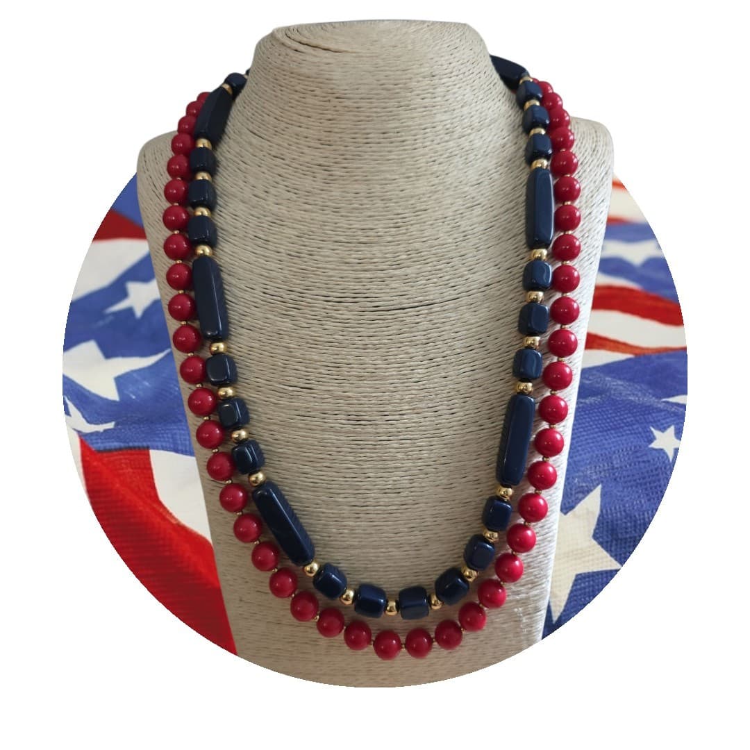 Vintage Crown Trifari & Trifari Red & Navy Beaded Necklaces