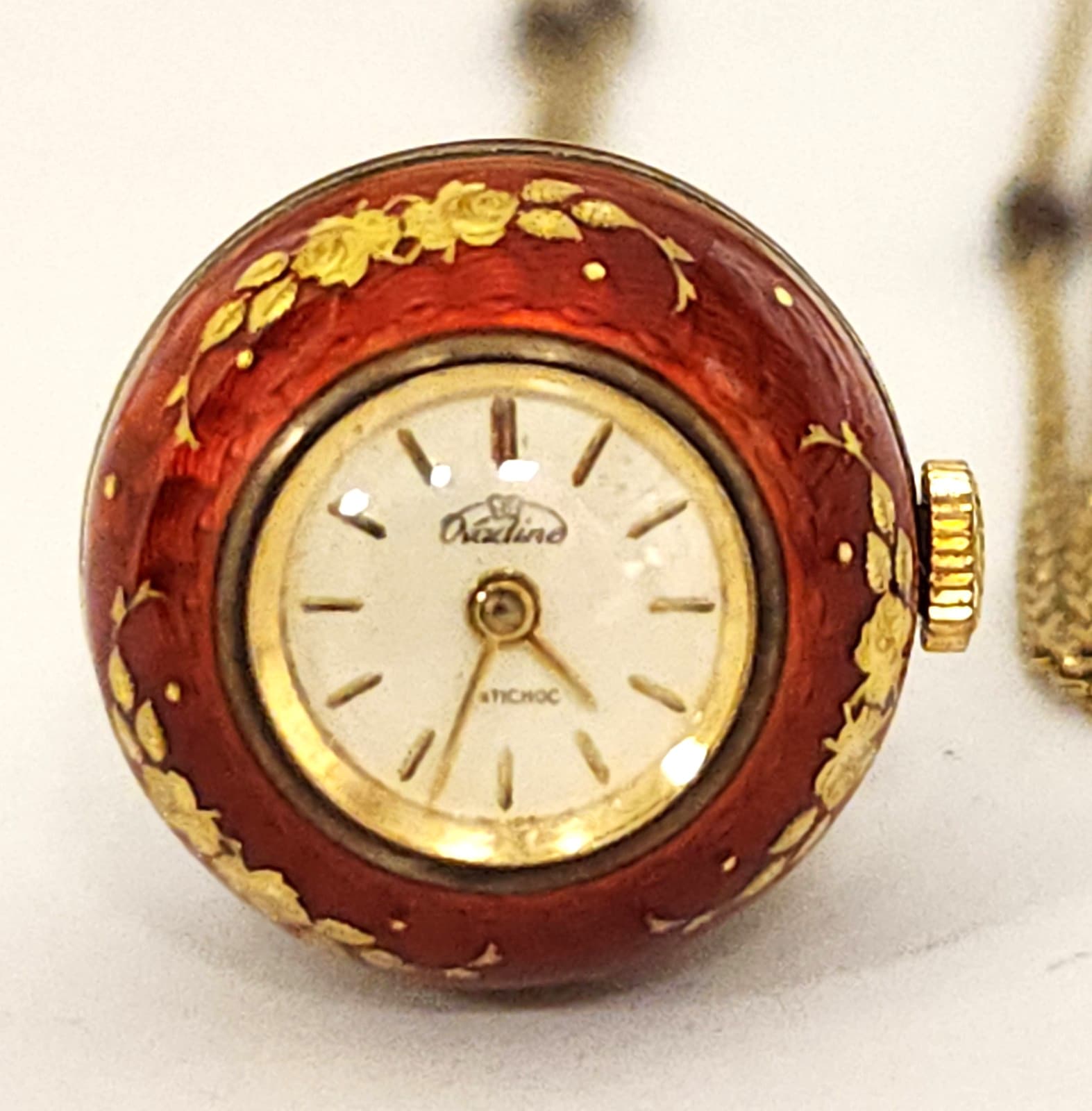 Vintage 60's Gold Plate Sterling Silver Red Enamel Nadine Watch Pendant Necklace