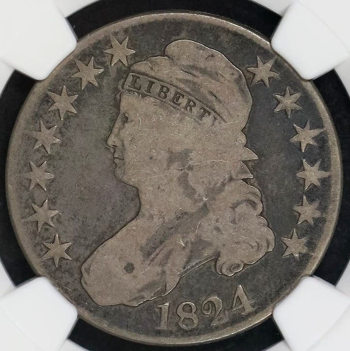 1824 CAPPED BUST HALF DOLLAR NGC VG 8 NICE AND NATURAL MEDIUM DEEP GREY WITH
