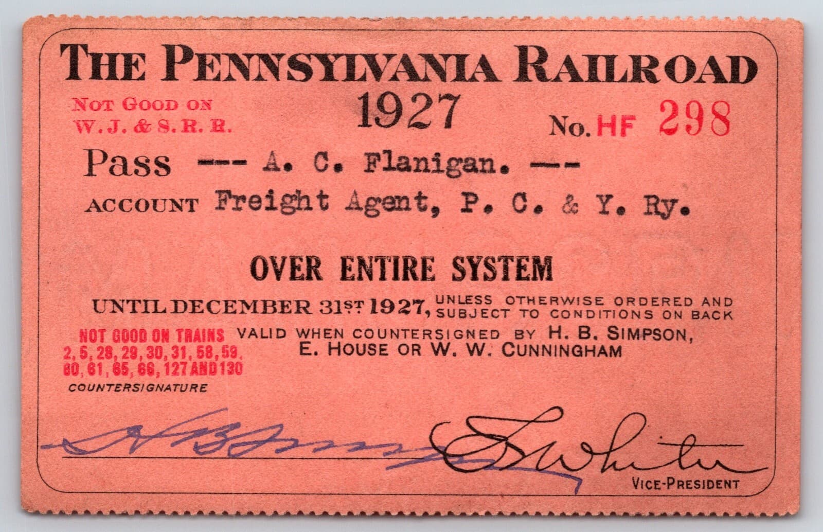 1927 Pennsylvania Railroad "Entire System" Employee "Flanigan" Yearly Pass