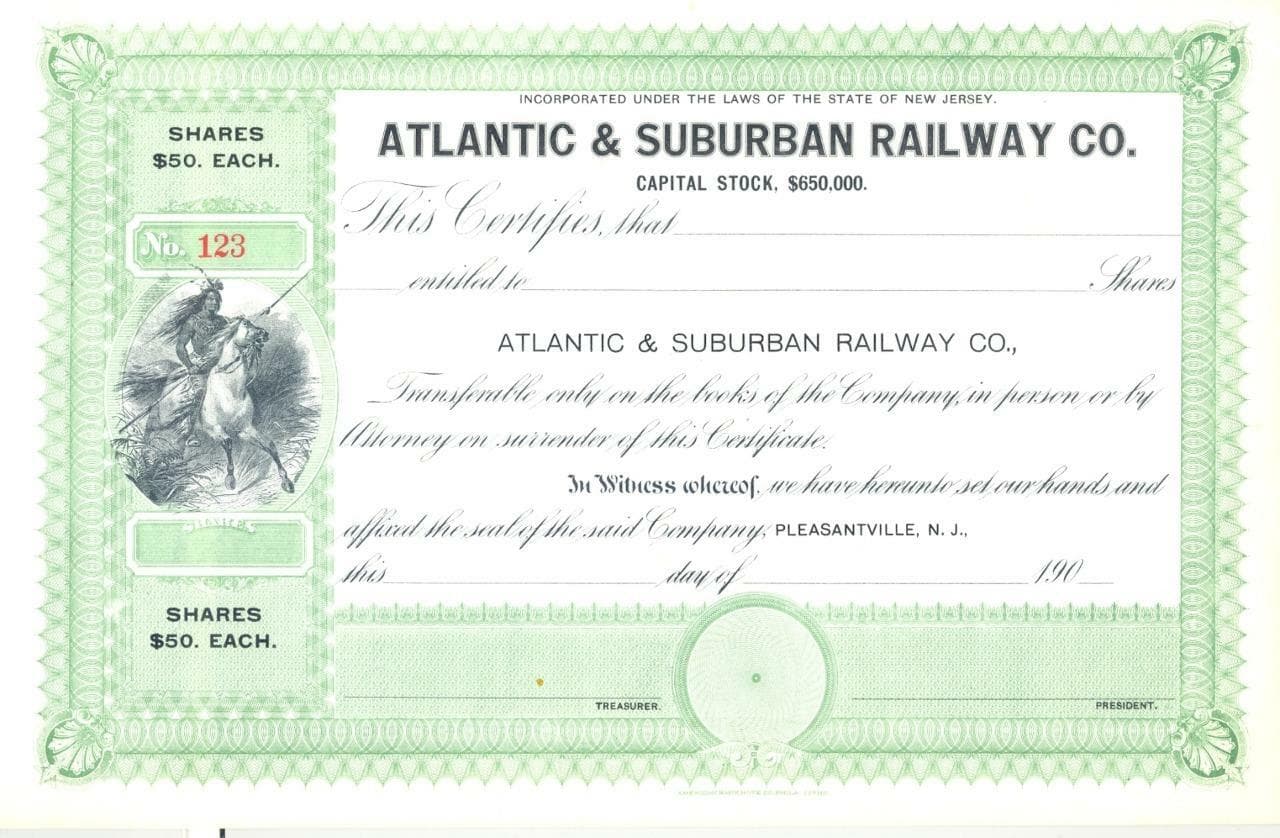 1900s Atlantic & Suburban Railway stock certificate - New Jersey urban railroad