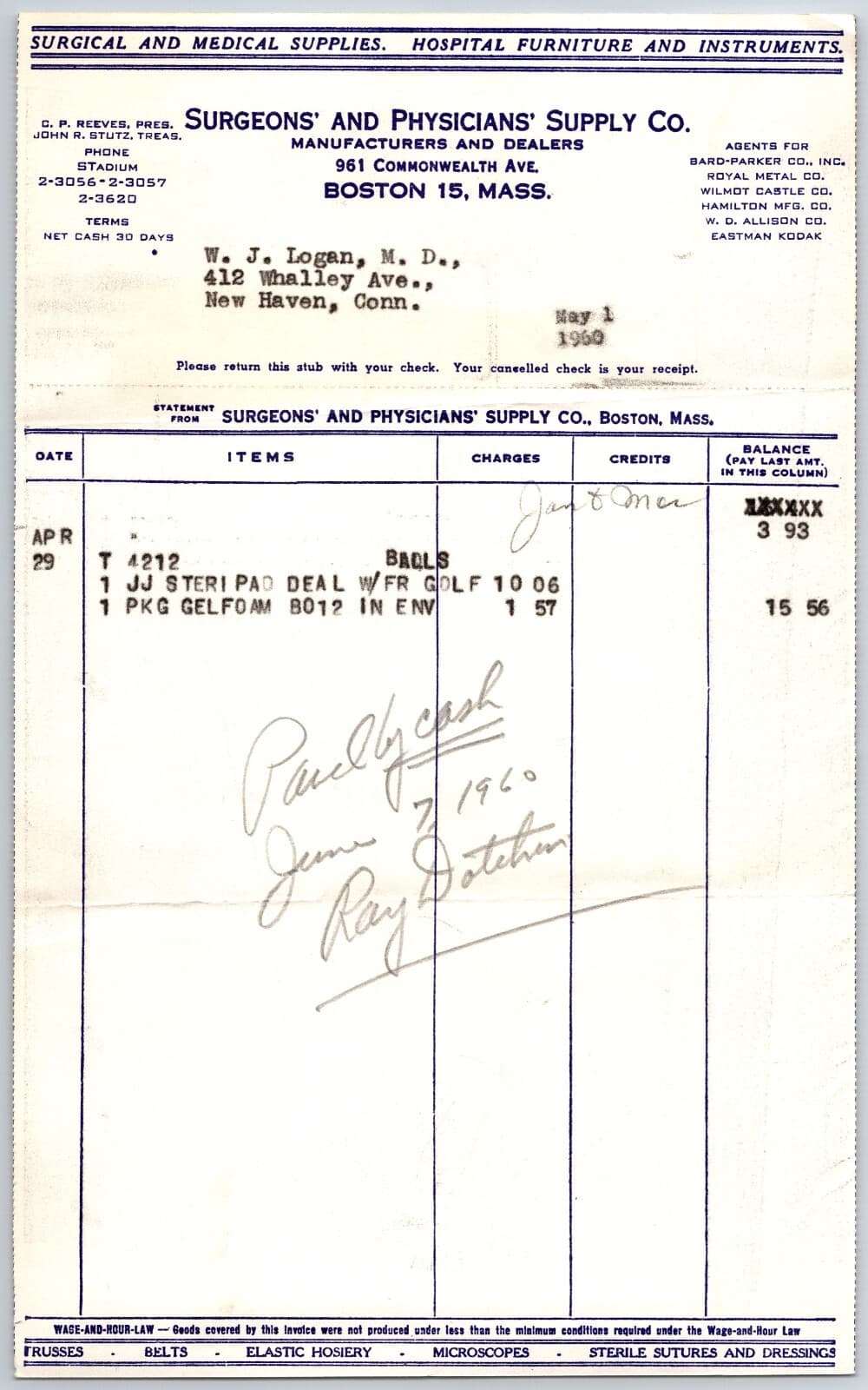 Surgeons' and Physicians' Supply Co. Boston, MA May 1 1960 Billhead