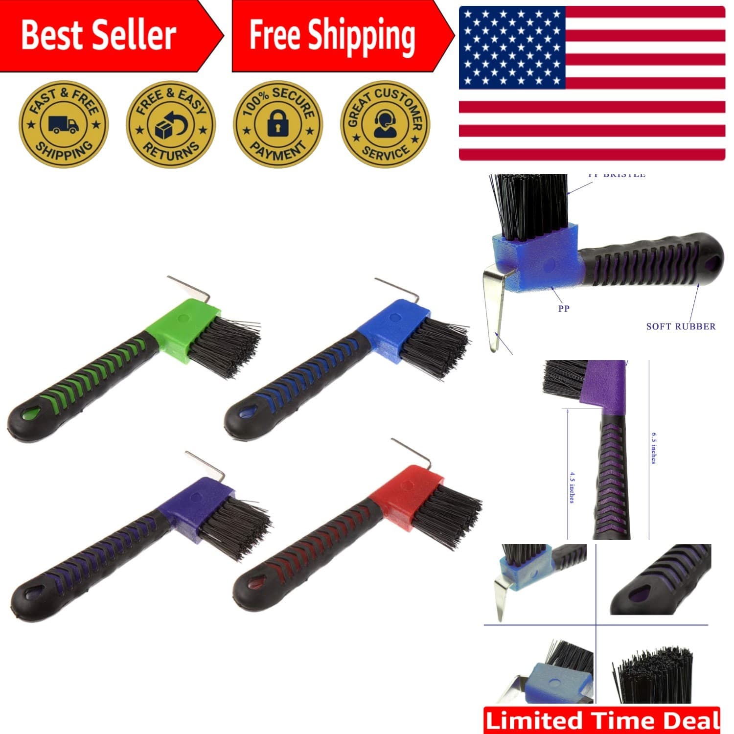 Durable 4pc Hoof Pick Brush Set with Rubber Grip - Remove Mud Effortlessly