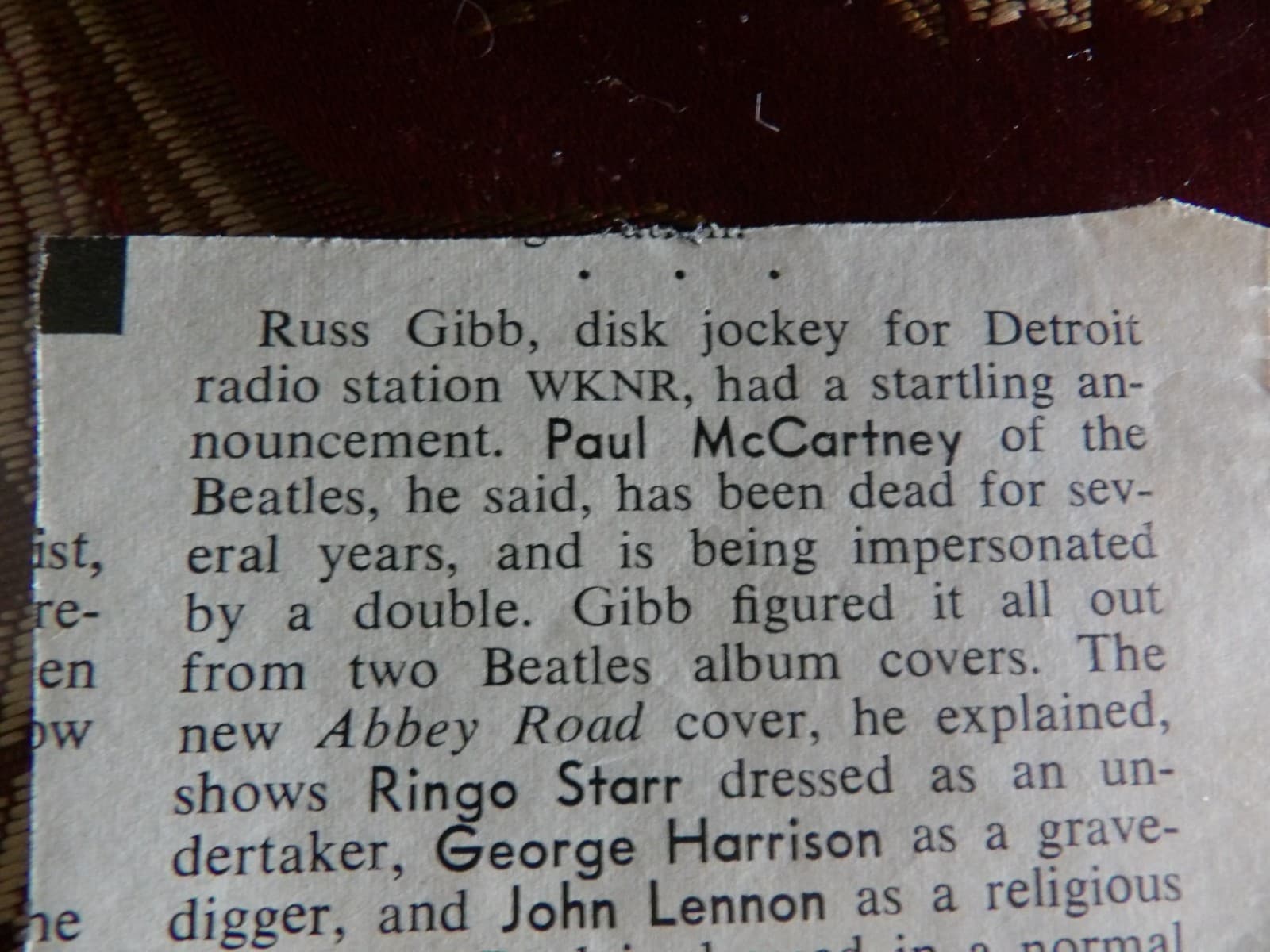 Paul McCartney Dead Clipping: Time, October 24, 1969