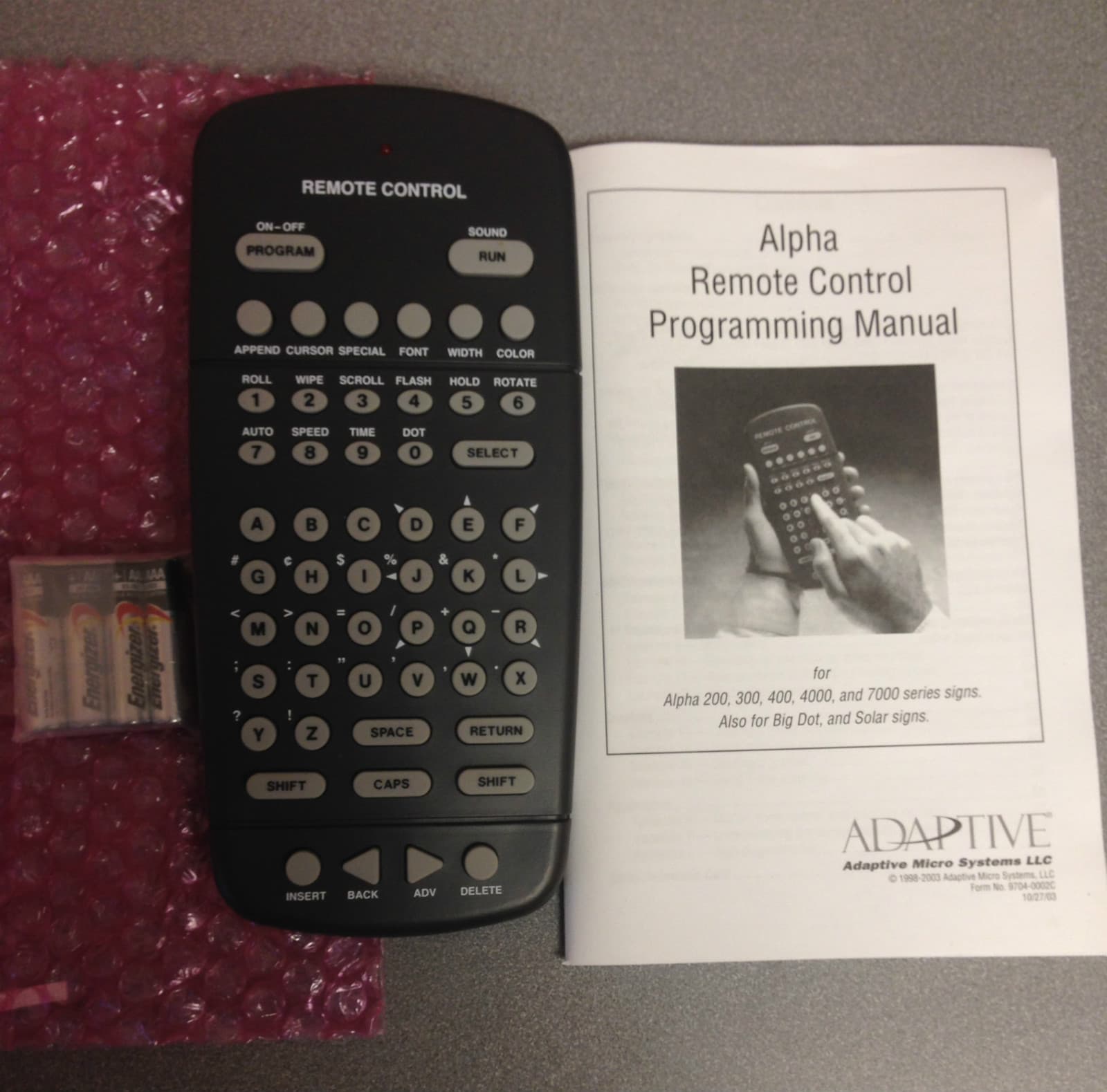 BRAND NEW 63407203 Adaptive Micro Systems Alpha Remote for Sign&Manual&Battery