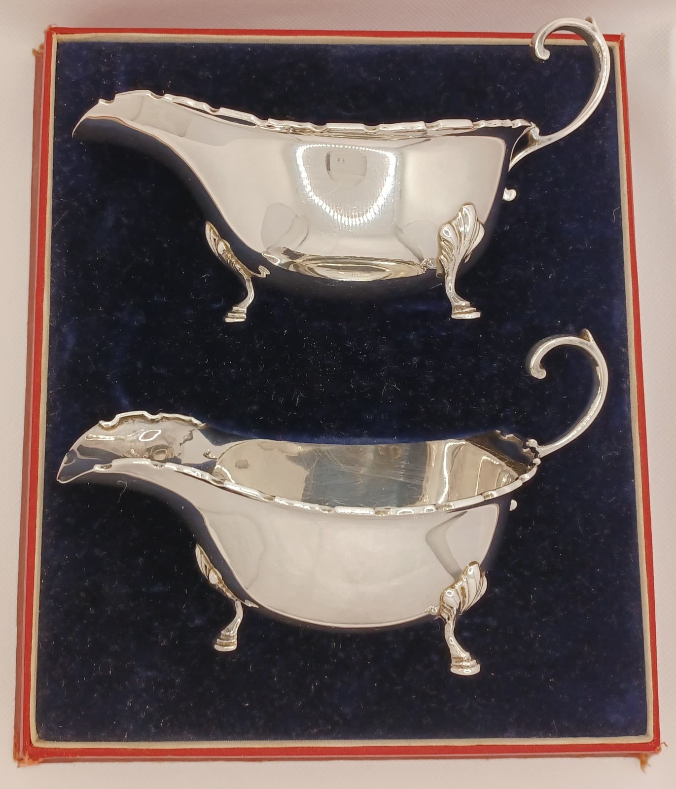 Pair English Sterling Silver Sauce Gravy Boats Birmingham 1939 Davis Duff BOXED