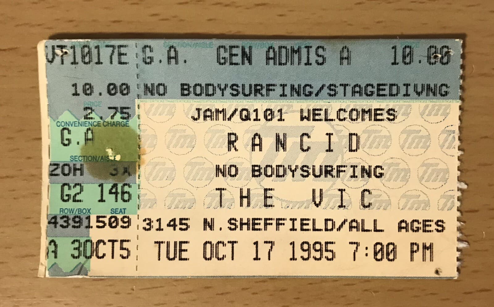 1995 RANCID AND OUT COME THE WOLVES TOUR THE VIC CHICAGO CONCERT TICKET STUB