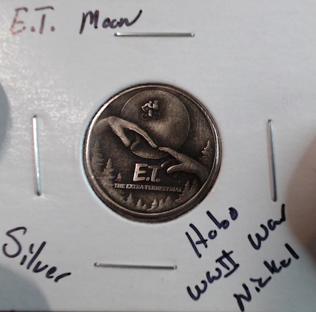 HOBO E.T. Flying Bicycle Moon From A REAL WWII Silver Nickel SIGNED