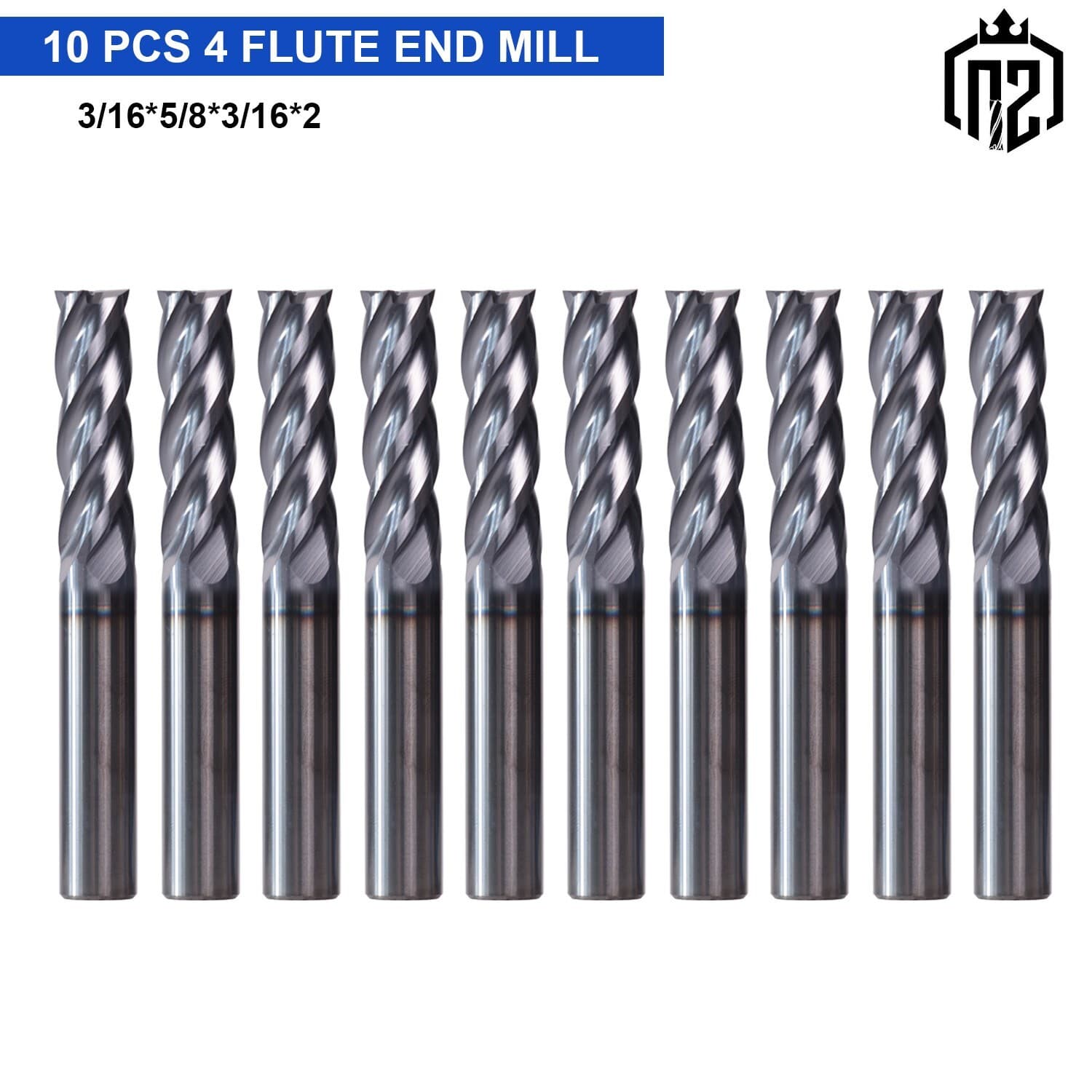 10 PCS 4 Flute 3/16" x 5/8" x 2" Long End Mill Solid Carbide - AlTiN Coated