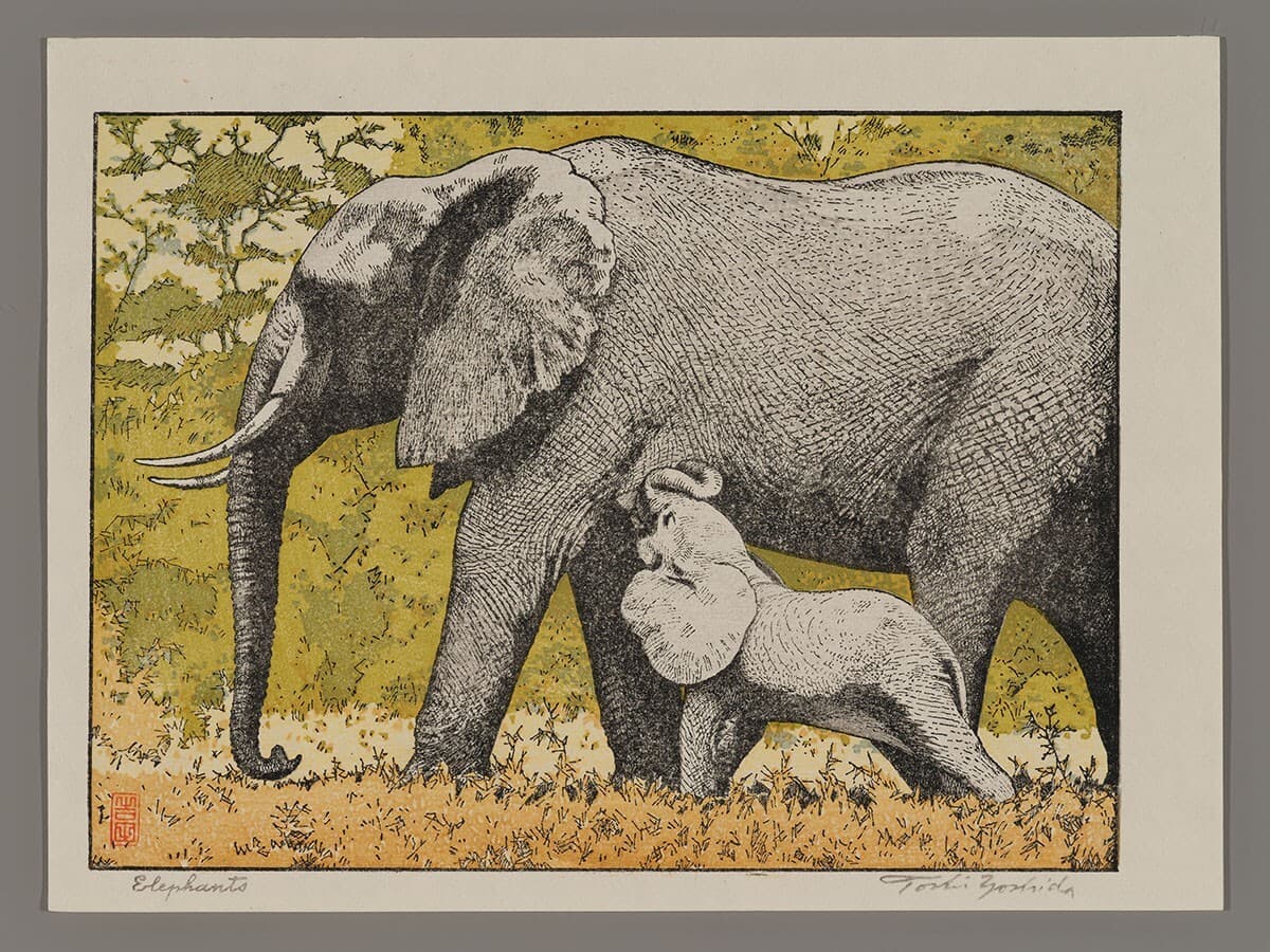 Toshi Yoshida Woodblock - Elephants