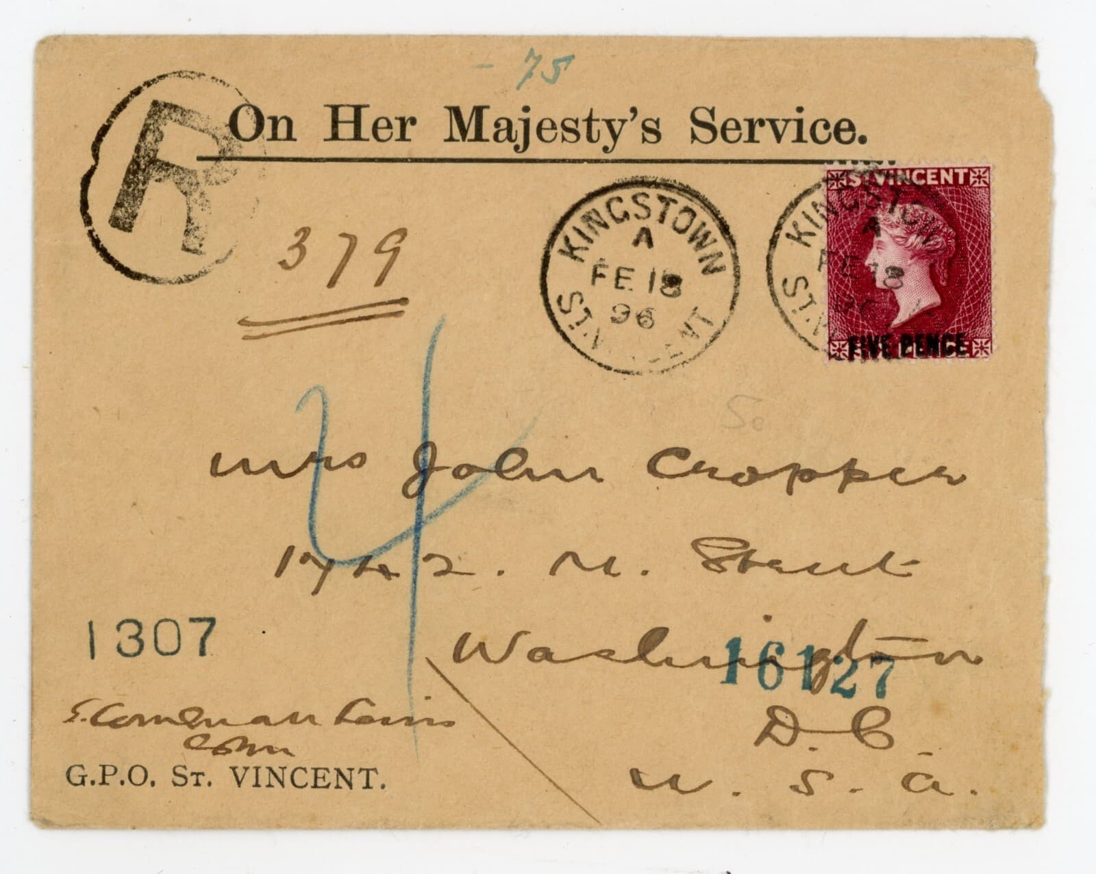 P26/04 ST VINCENT 1896 5d OVERPRINT STAMP ON OHMS COVER TO USA