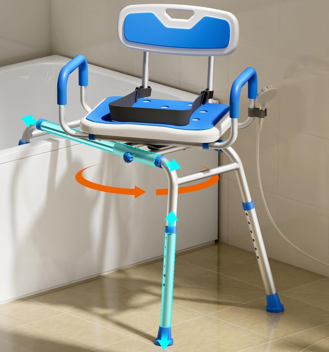 Sliding shower chair with swivel seat, tub bench, non-slip arms & safety belt