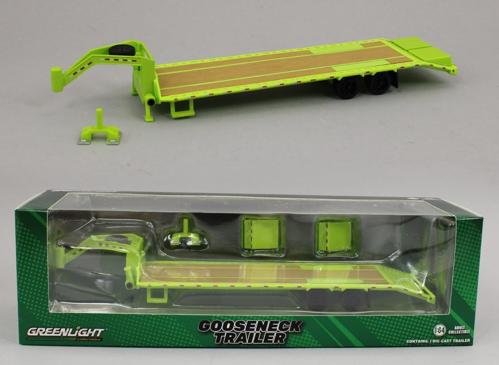 1:64 GreenLight *HITCH & TOW* LIME *GOOSENECK* 5th Wheel FLATBED TRAILER *NIP*