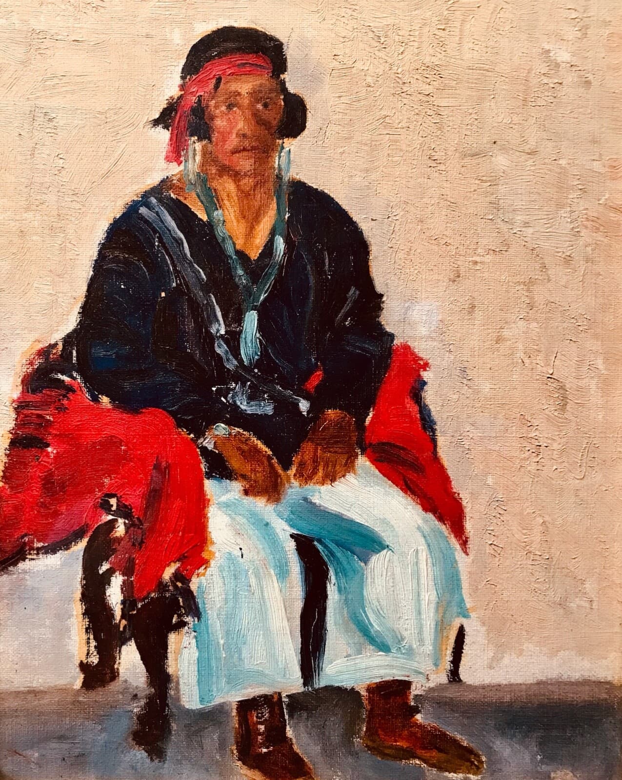 Antique SEATED NAVAJO Impressionist Oil/Board Painting,Gilt Frame,Unsigned,20thC