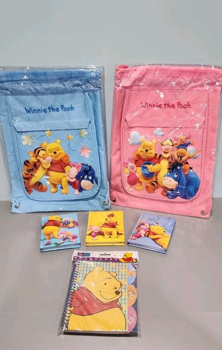 2 Disney Licensed Winnie the Pooh Drawstring Backpack Sling w/ Address Books