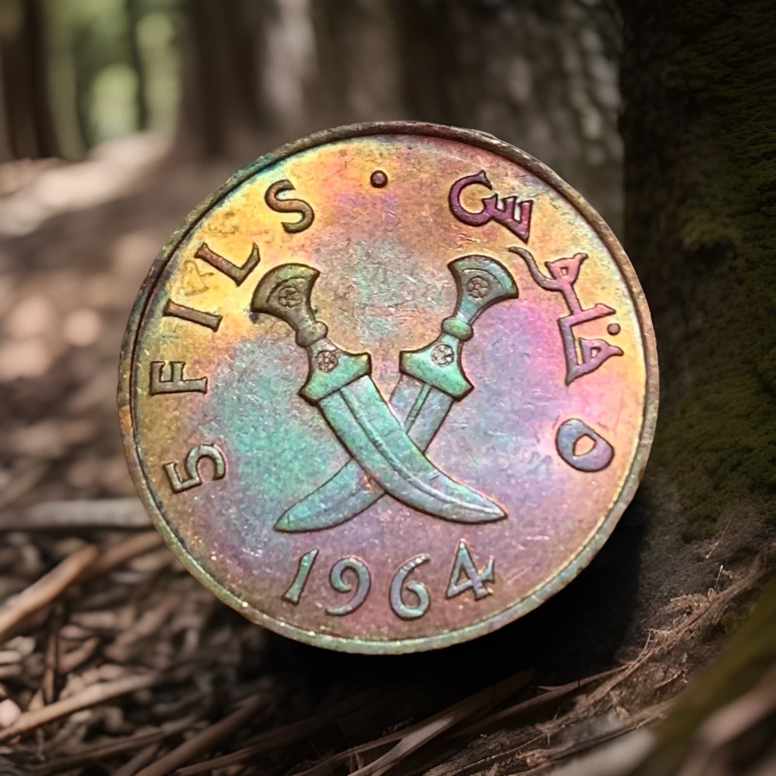 π 1964 South Arabia 5 Fils β Beautiful Rainbow Toned Bronze Coin