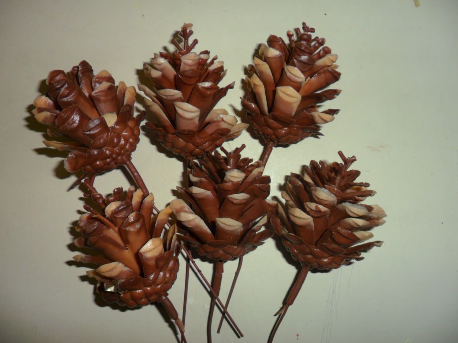 6 Vintage Plastic Brown & Tan Pine Cone on a 6" wire Hong Kong