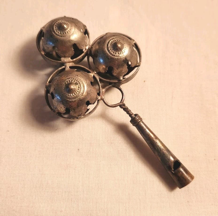 ANTIQUE METAL BABY RATTLE WHISTLE