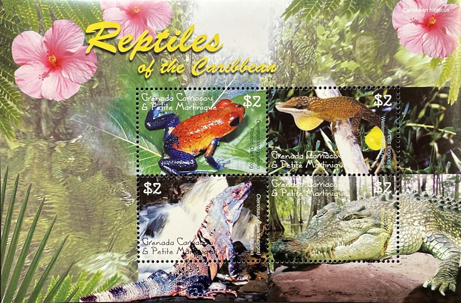 GRENADA REPTILES OF THE CARIBBEAN STAMPS SHEET 4V 2005 MNH IGUANA CROCODILE FROG