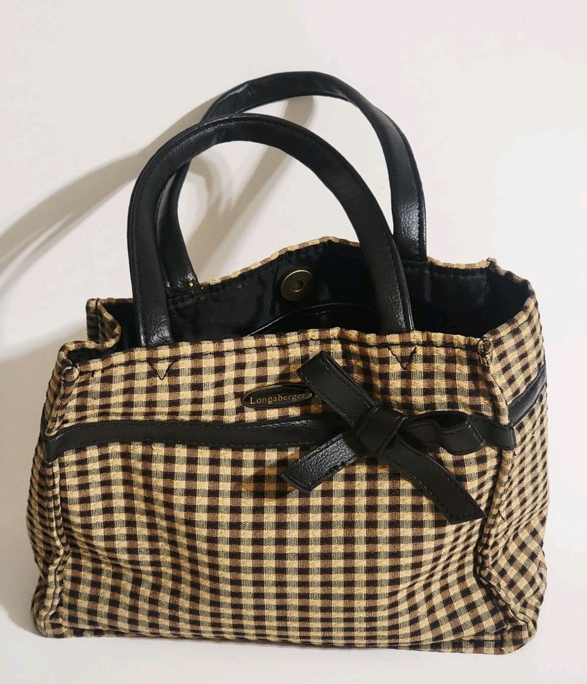 Longaberger Homestead Black & Tan Gingham Mini Tote Lunch Tote 10x8x4