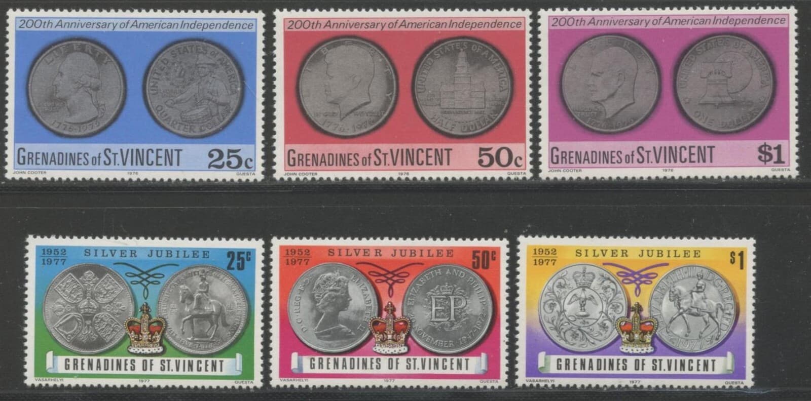 ST. VINCENT GRENADINES Sc#81-83, 116-118 1976-77 Coins Complete OG Mint NH