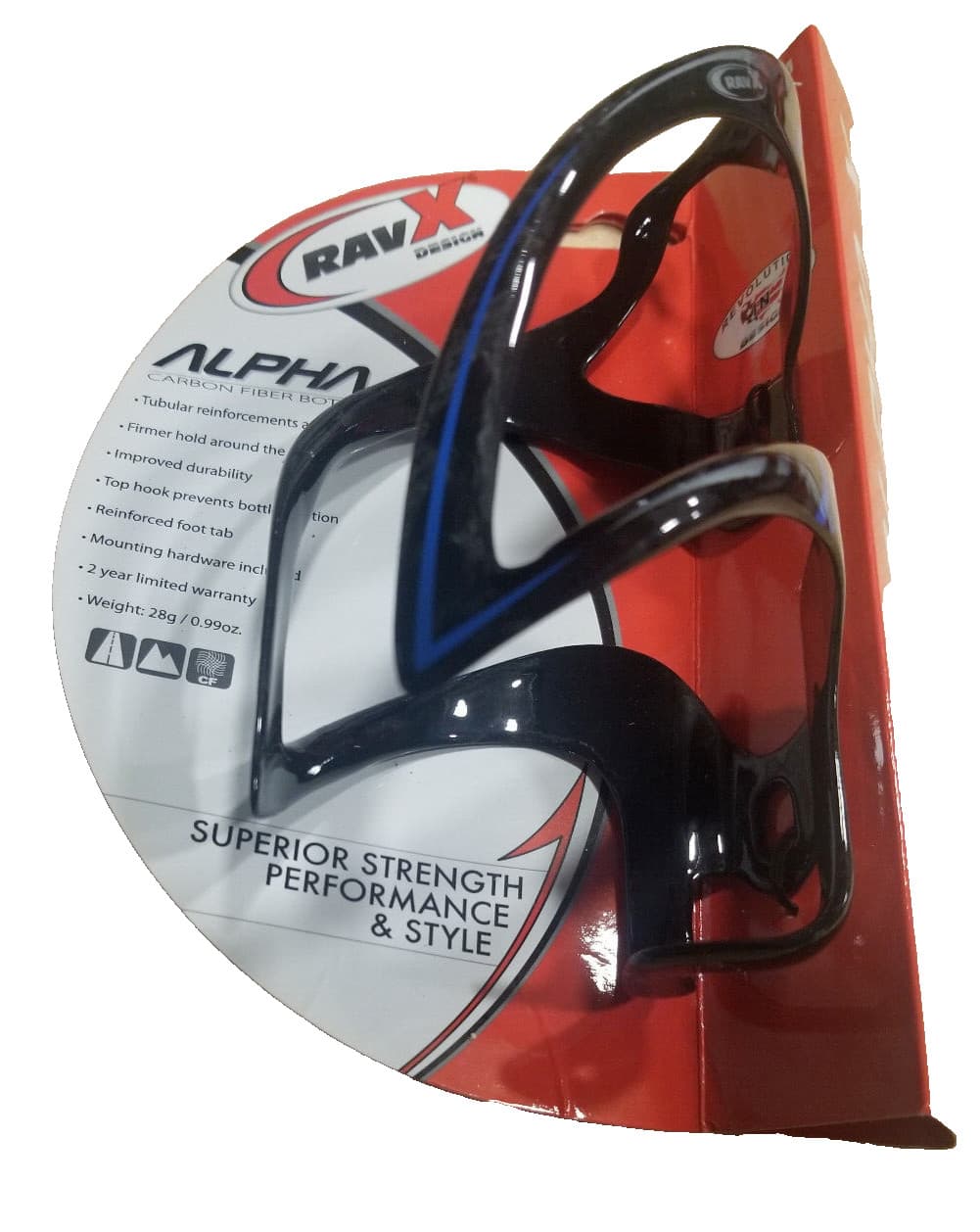 RavX Alpha X Carbon Fiber Water Bottle Cage Blue / Black tubular reinforcement