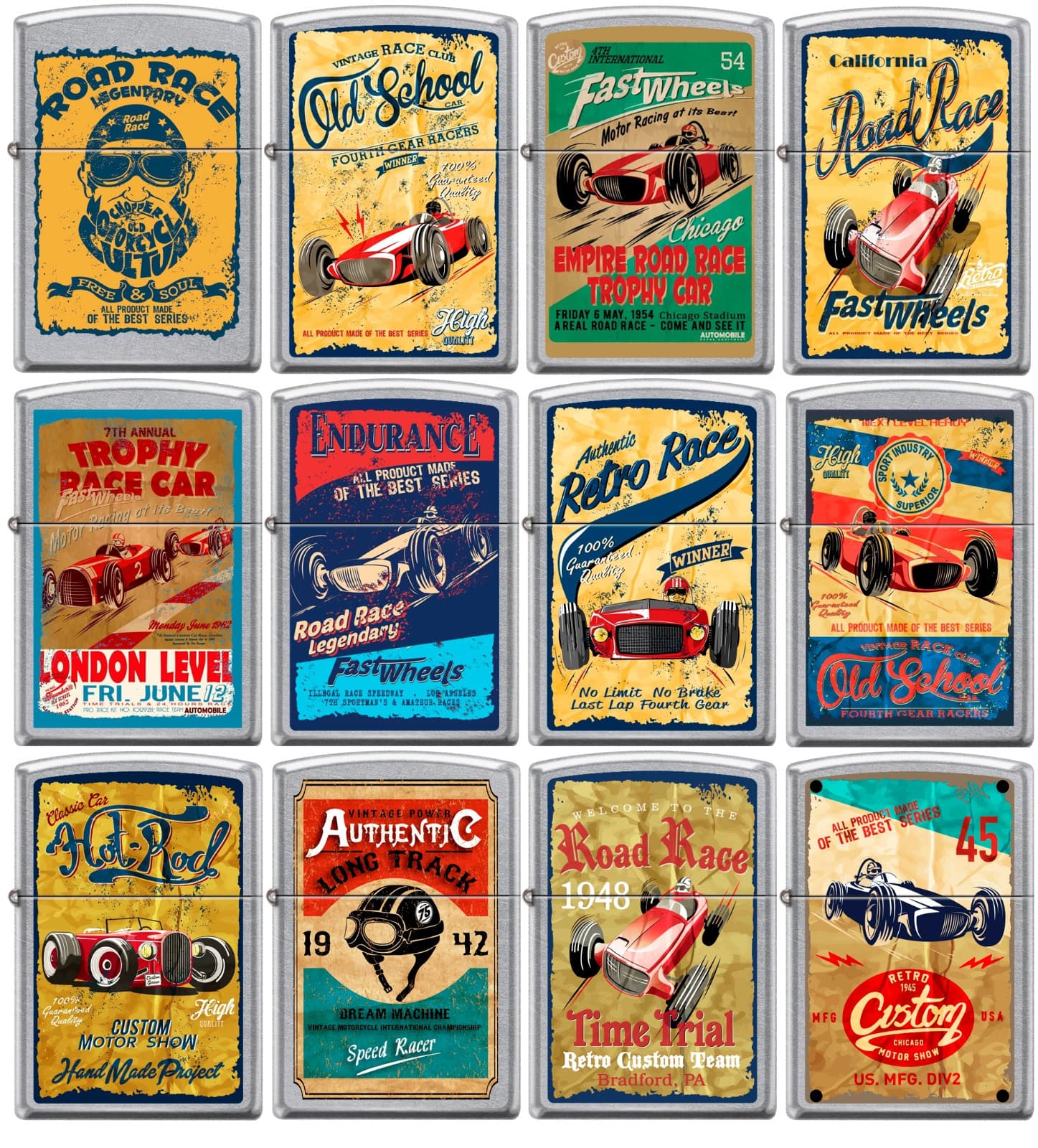 Zippo Old School 1940's Race Club 12 Lighter Set Vintage Poster Street Chrome