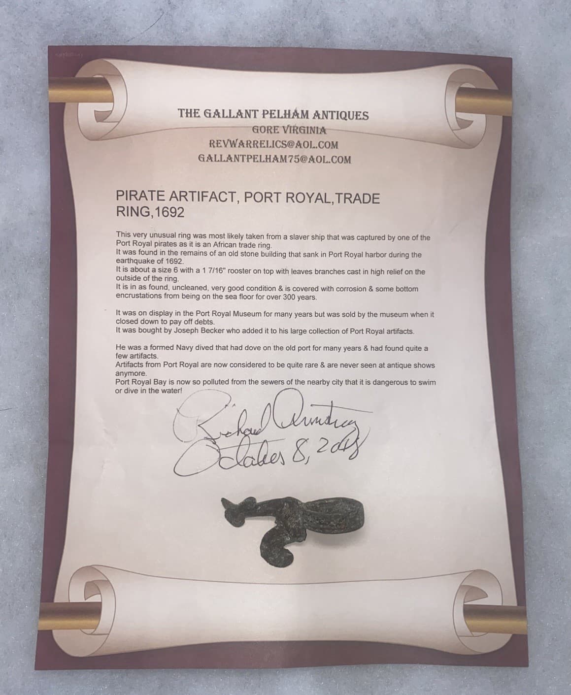 PIRATE ARTIFACT, PORT ROYAL, ROOSTER TRADE RING, 1692