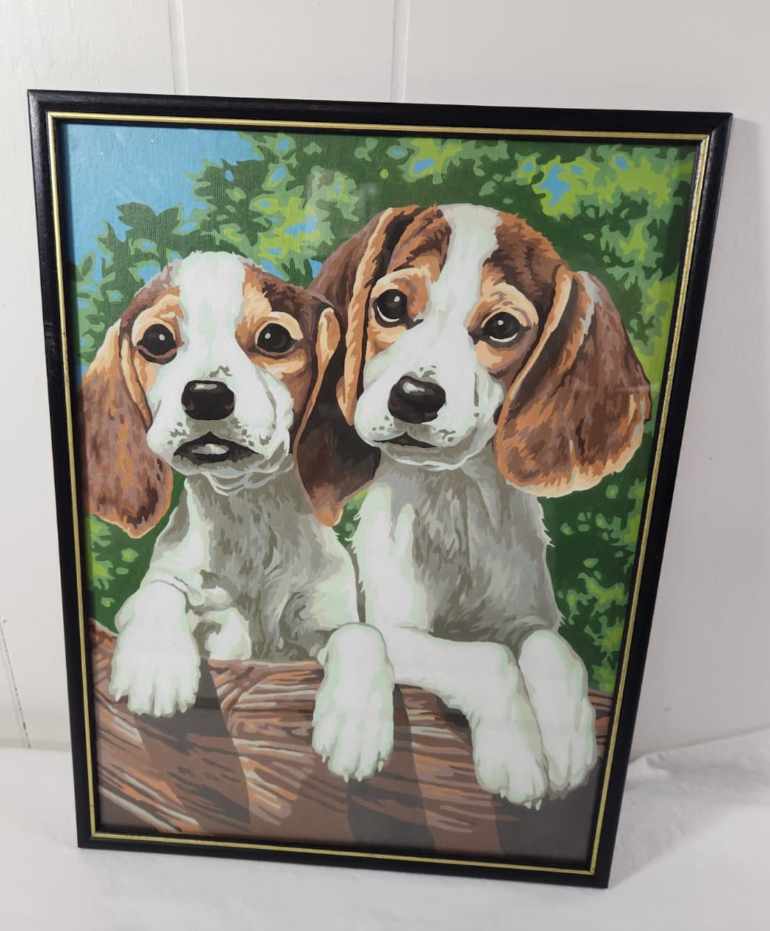 Vtg Framed 70s MCM Paint By Numbers Oil Painting Beagle Puppies 16.75”