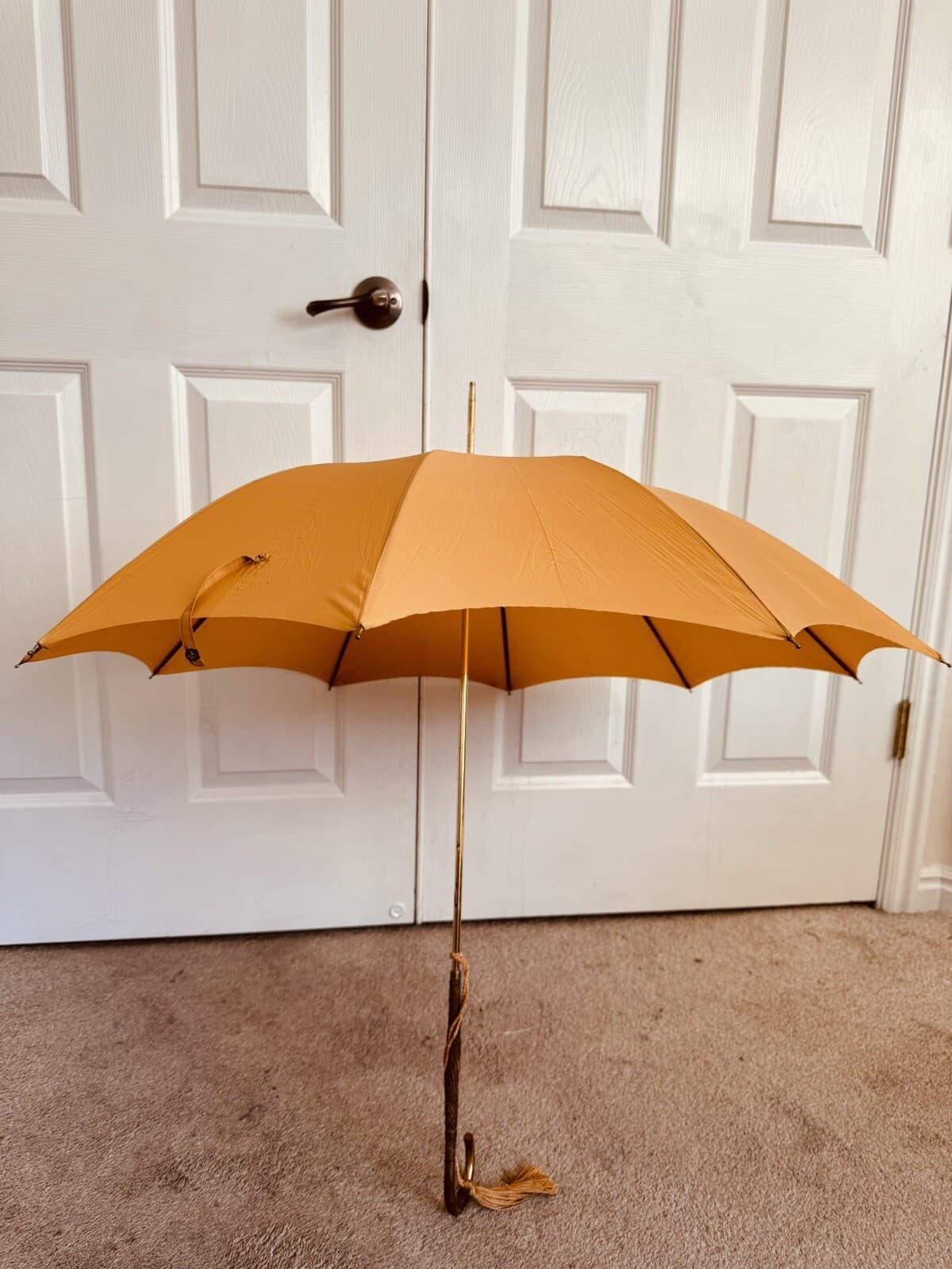 RARE ANTIQUE PK Polan Katz Nylon Umbrella Parasol Gold Brass Handle Tassel