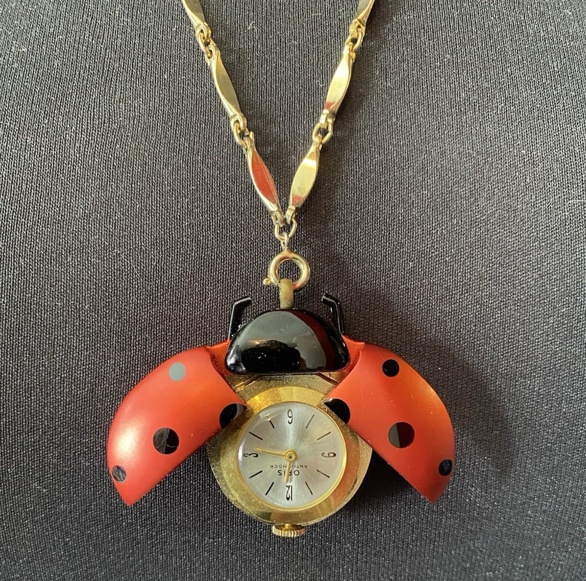 Vintage 1960's ORIS Bug-a-boo Red Ladybug Pendant Necklace Watch Swiss Made