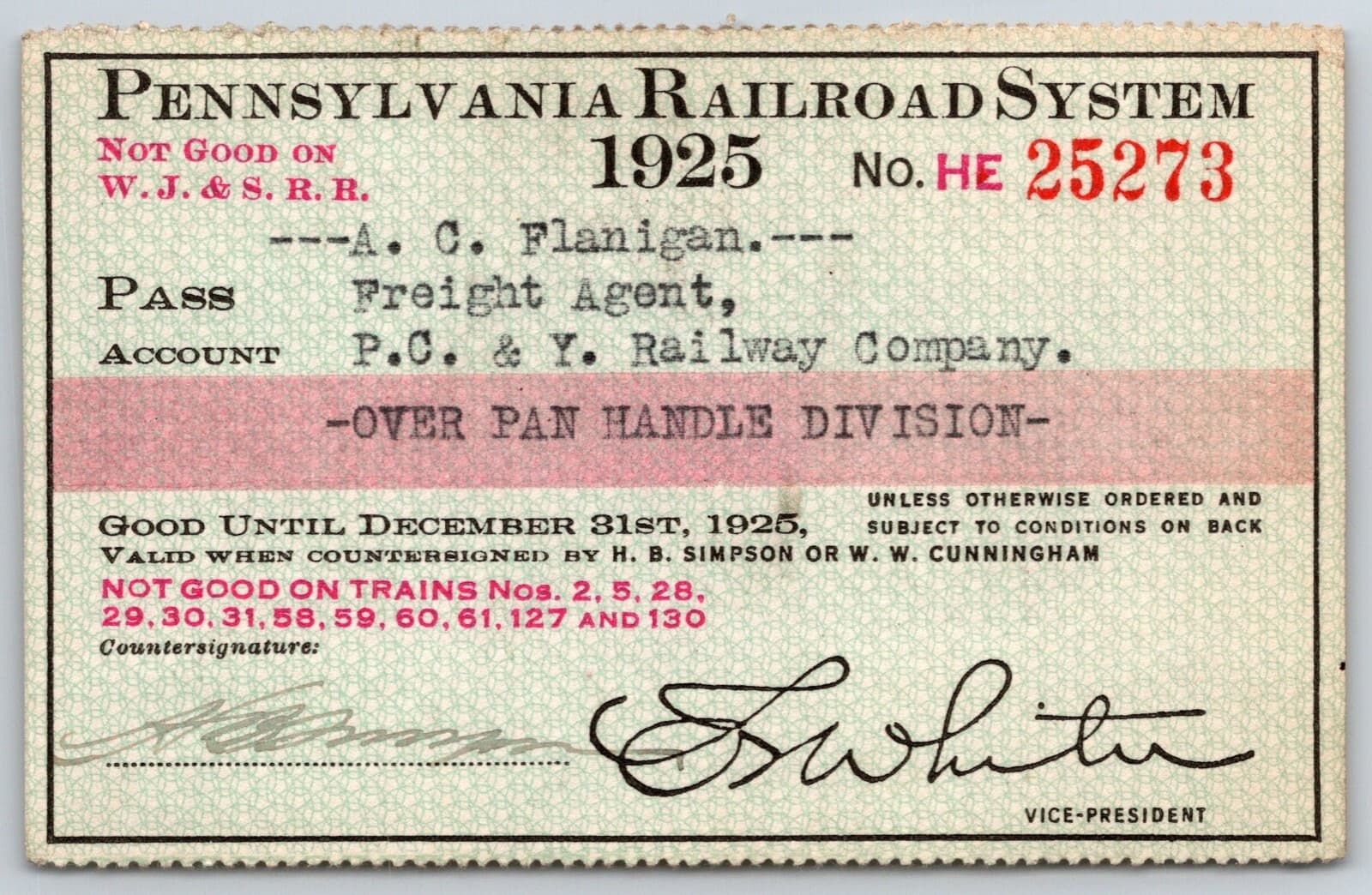 1925 Pennsylvania RR System "Pan Handle Div." Employee "Flanigan" Railroad Pass