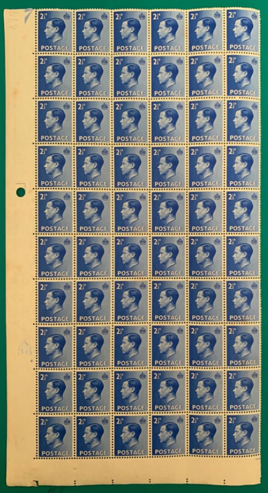 GB KEVIII 1936 2 1/2d QUARTER SHEET MINT MNH BLOCK CYL 2 NO DOT Edward VII 1/4