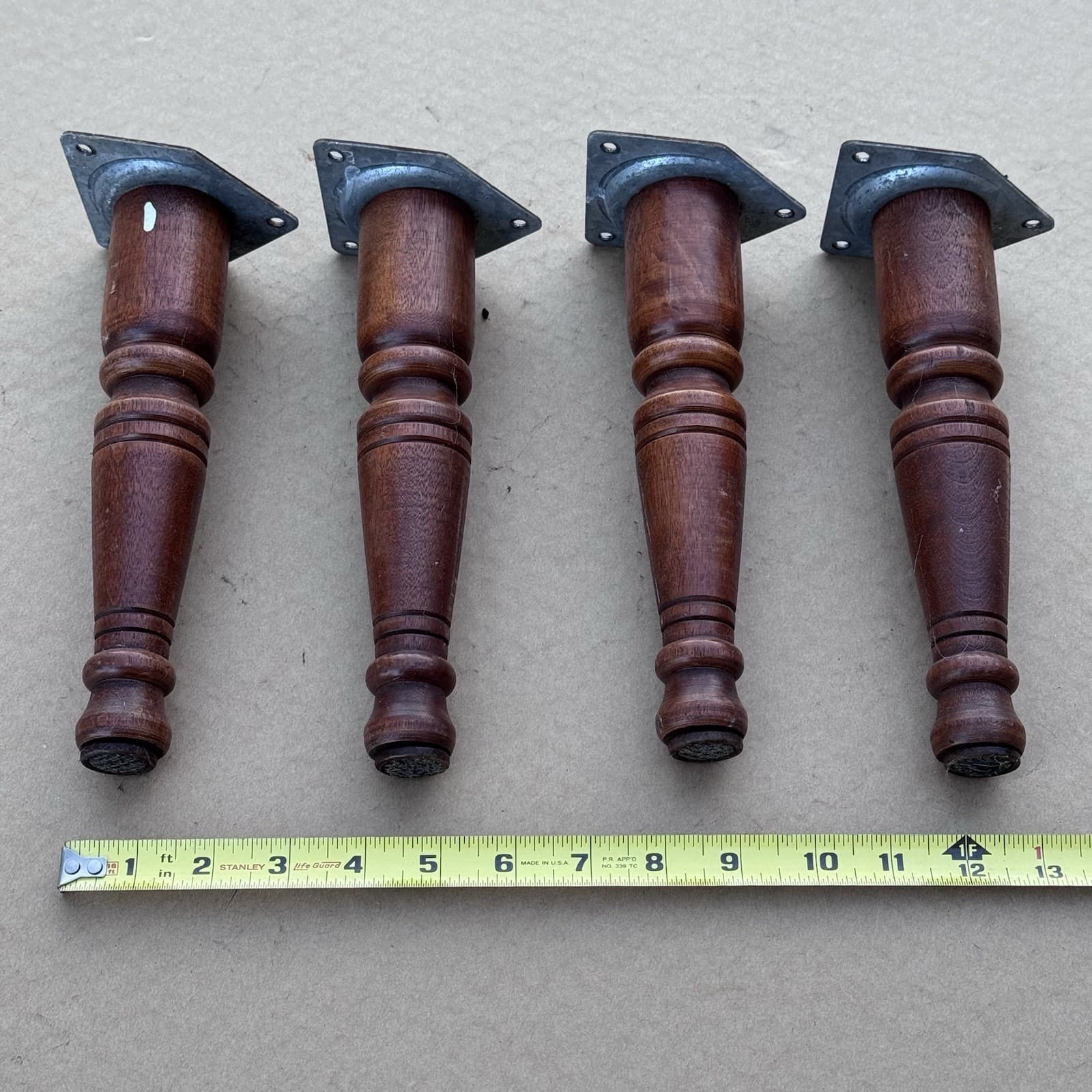 4 Vtg 9” Mid Century Wooden Turned Tapered Furniture Legs Stool w Brackets