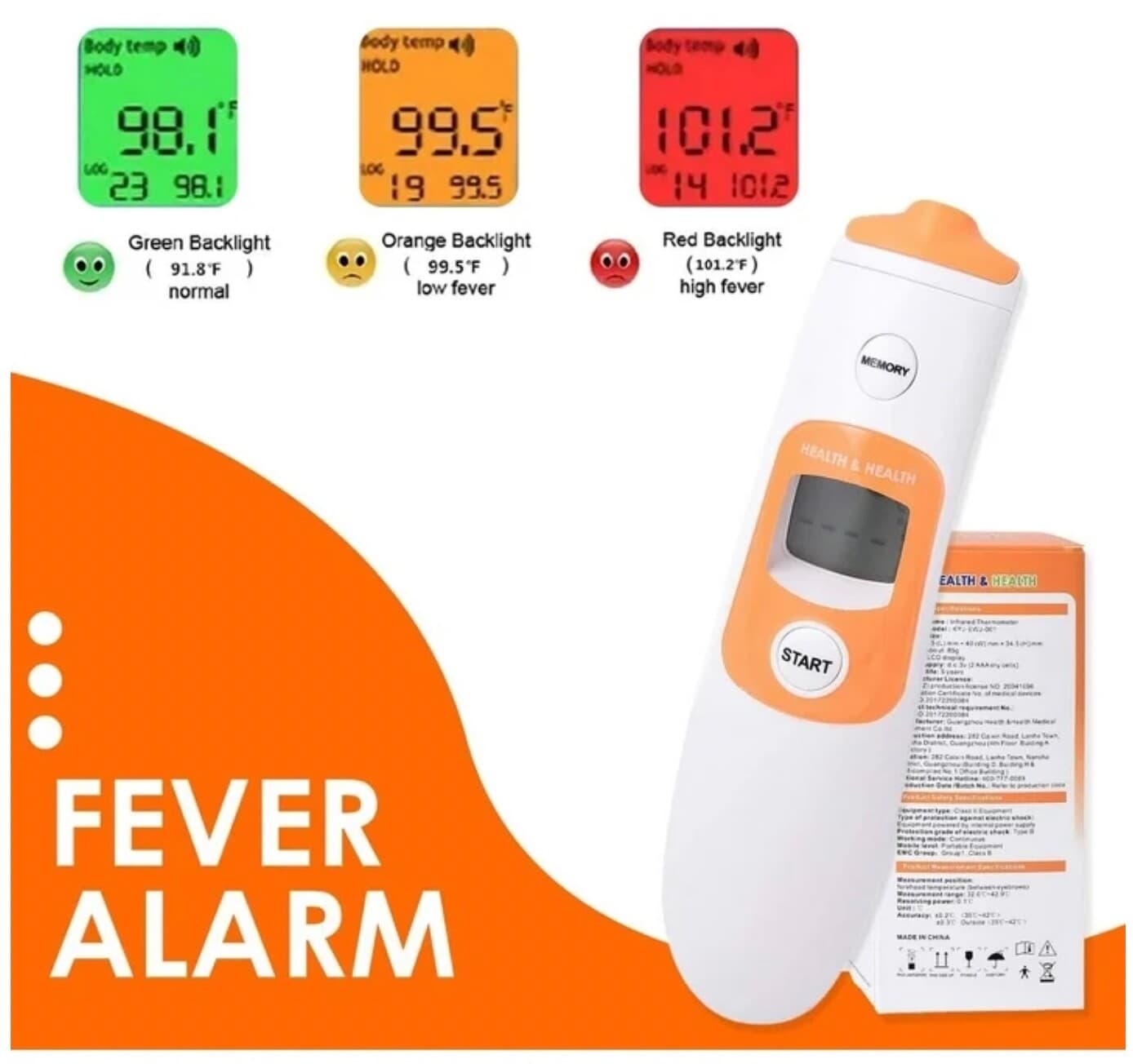 Digital Infrared No Touch Forehead Thermometer 3 Color LCD Display w/ Memory