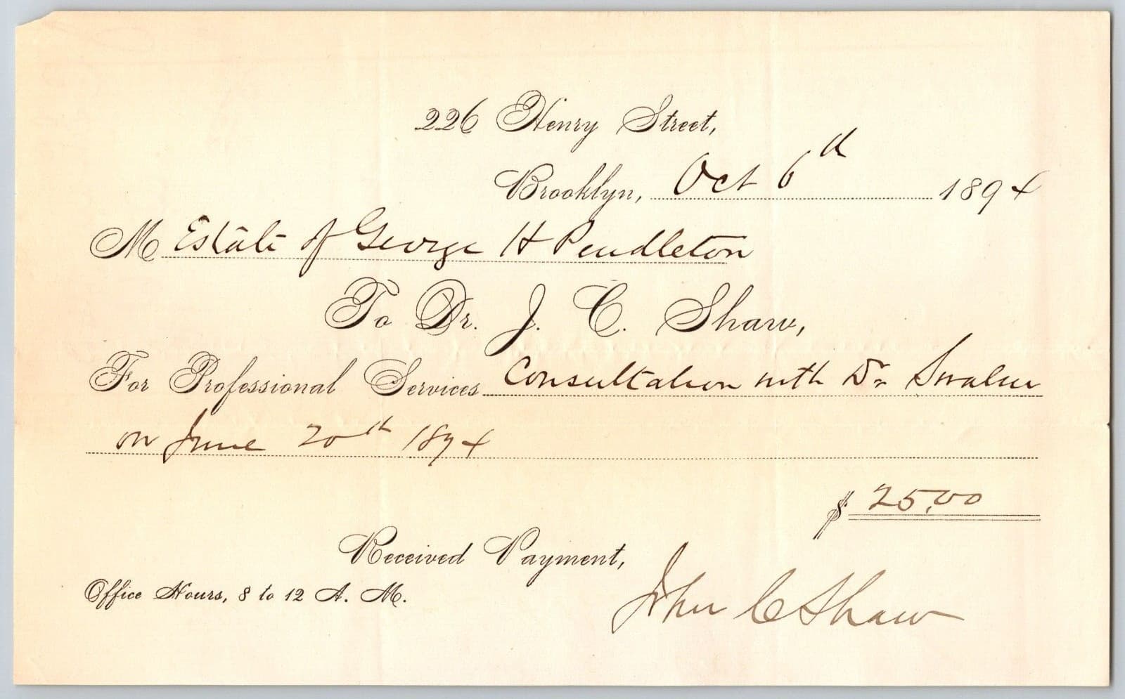 Dr. J.C. Shaw Henry St. Brooklyn 1894 Medical Receipt Billhead