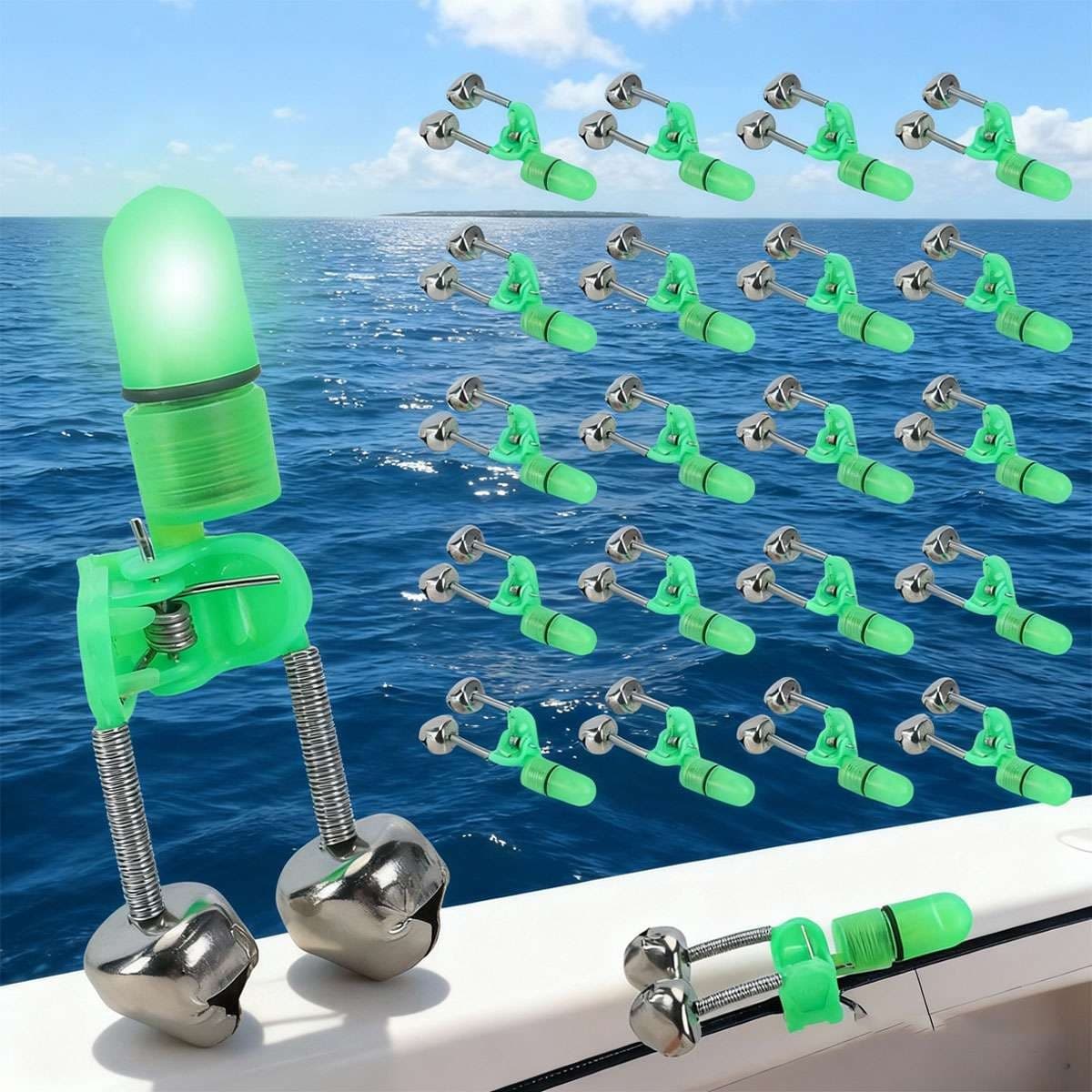 20 PCS LED Night Fishing Bite Bait Alarm 2 Bells Light Rod Tip Clip Alert Ring