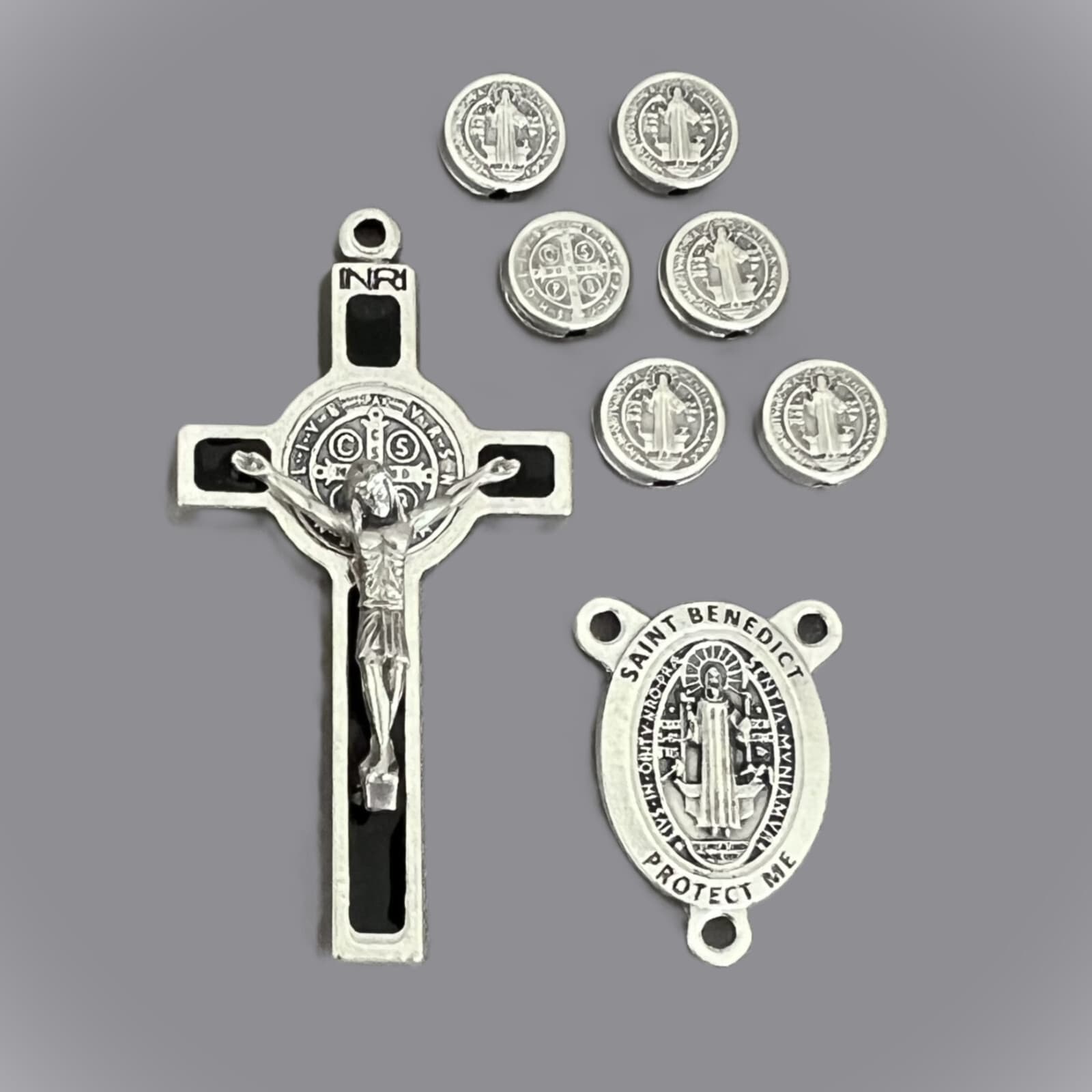 Rosary CENTER CRUCIFIX & PATERS Set ~ Saint BENEDICT Centerpiece Beads ITALY 8pc