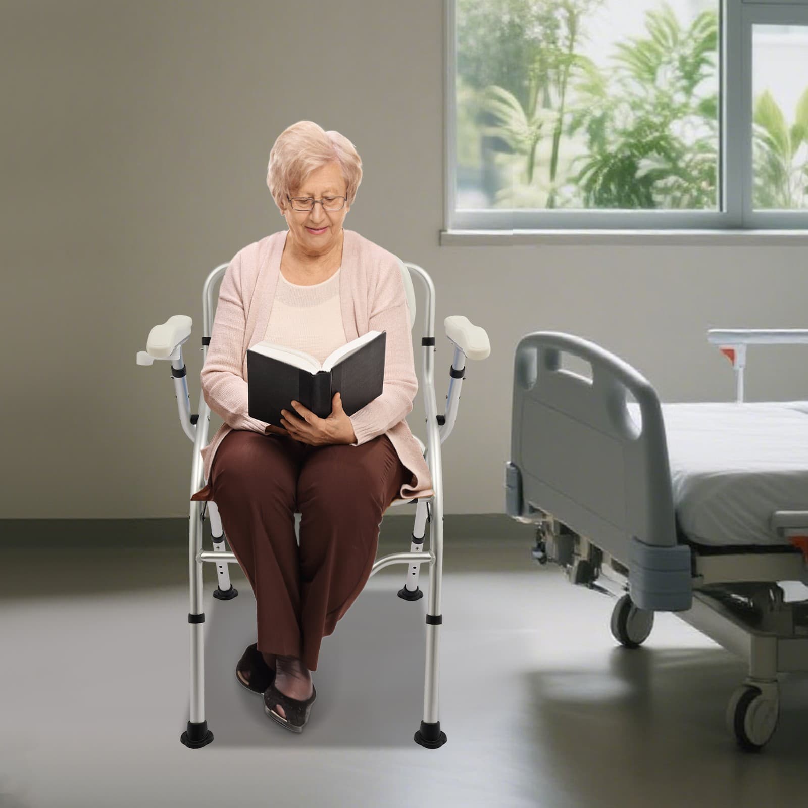 Bedside Shower Chair Commode Chair w/ Backrest & Armrests Height Adjustable