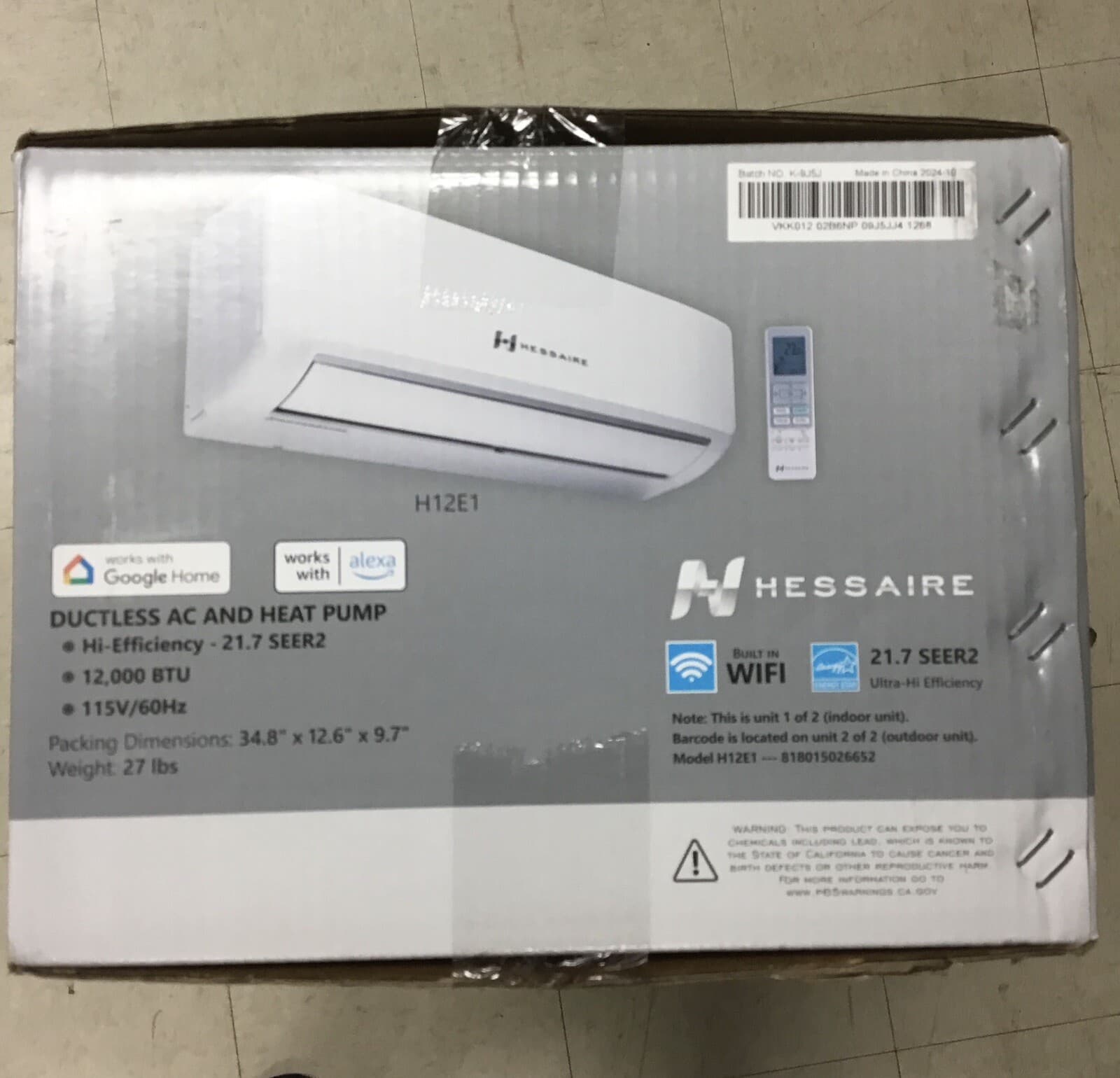 Hessaire Ductless Ac Heat Pump 12,000 BTU/h cooling & heating INNER UNIT ONLY