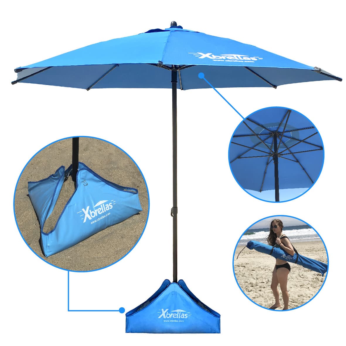Xbrella - Wind Resistant Beach Umbrella – Sand Base - 7.5’ Round, Patent Pending